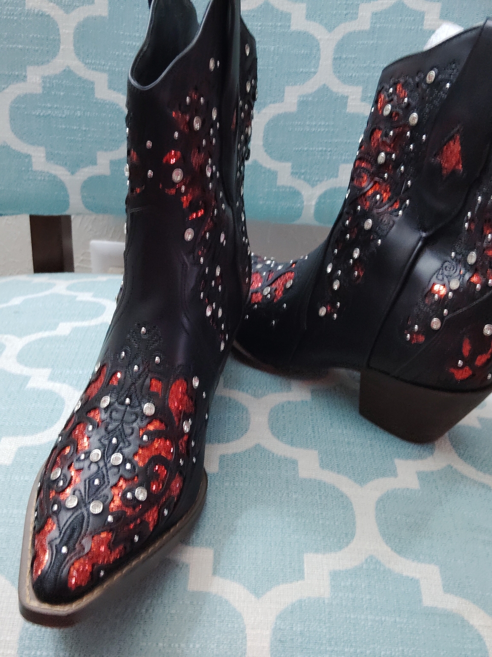 Women's Black Ankle Booties with Red Metallic Embellishment - Picture 3 of 4